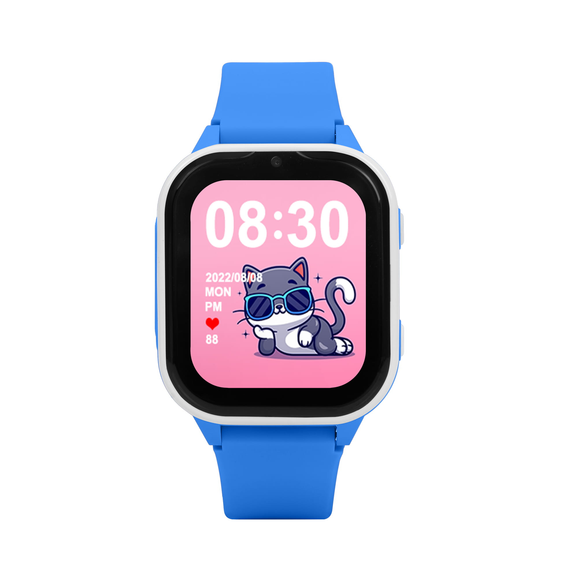 Eine blaue Smartwatch für Kinder mit einer Katze auf dem Bildschirm, die Zeit und Datum anzeigt.
