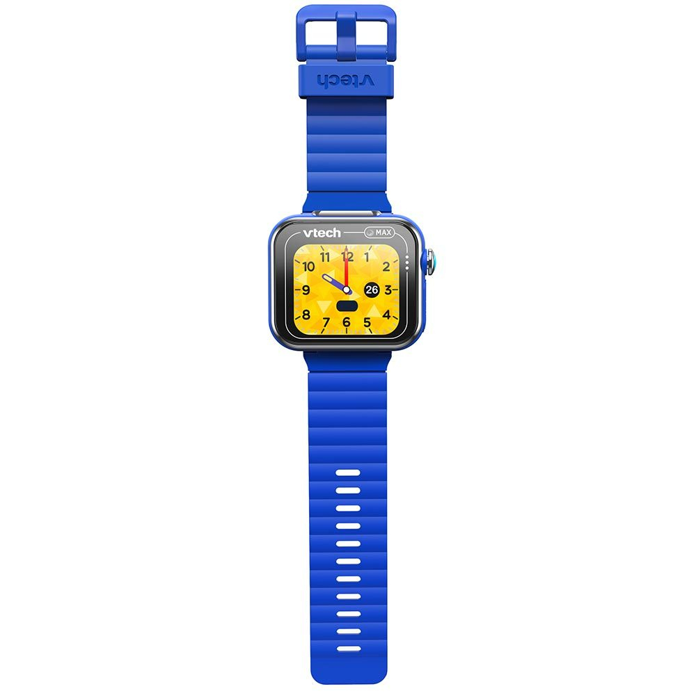 Uno smartwatch VTech blu con quadrante analogico e lancette rosse.