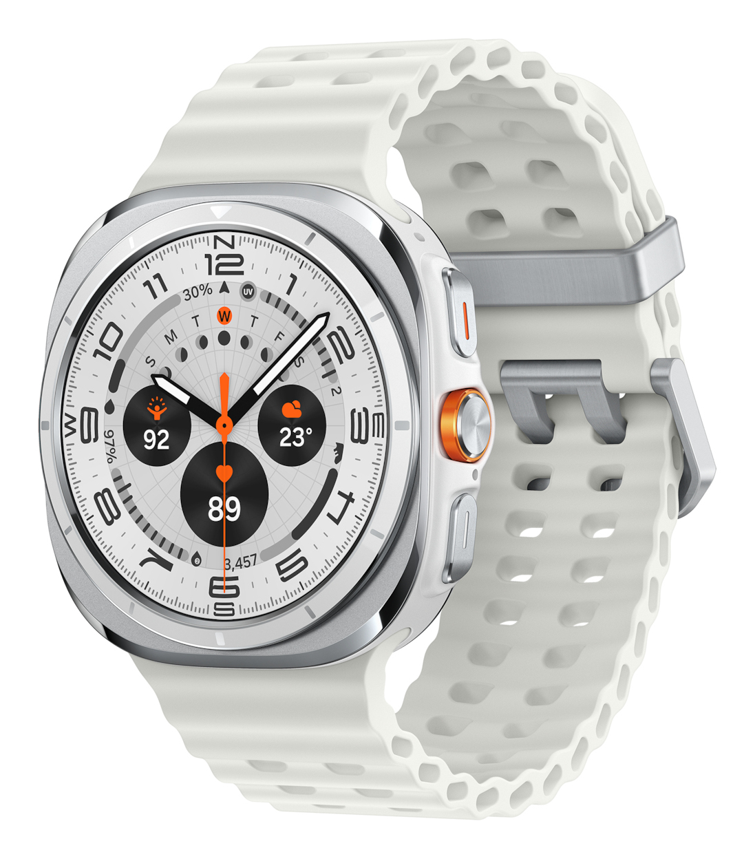 Een zilveren en witte smartwatch met een witte band. De wijzerplaat toont digitale informatie.