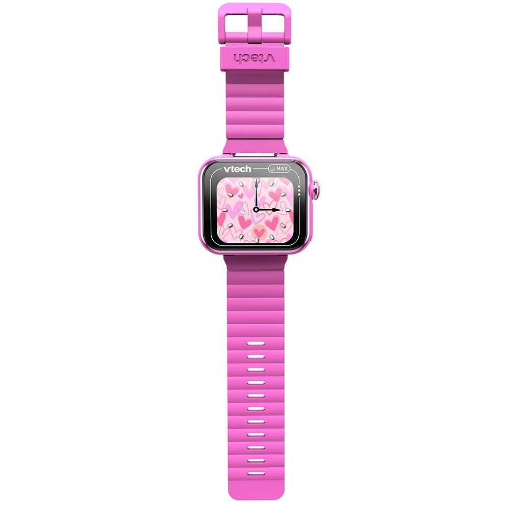 Un reloj inteligente rosa para niños con diseño de corazón en la pantalla.