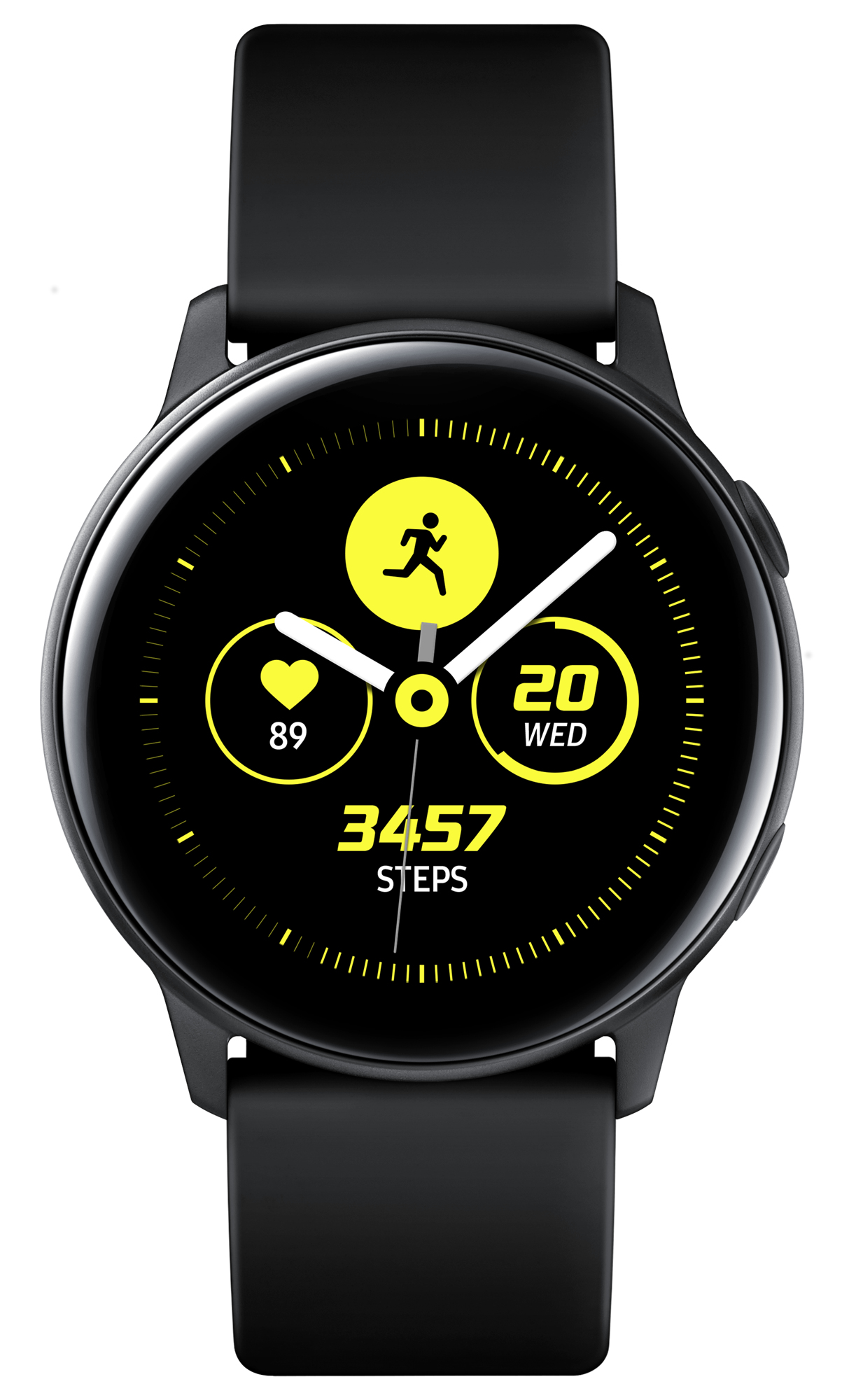 Schwarze Samsung Galaxy Watch Active 2 mit gelbem Display, Schritten und Herzfrequenz.