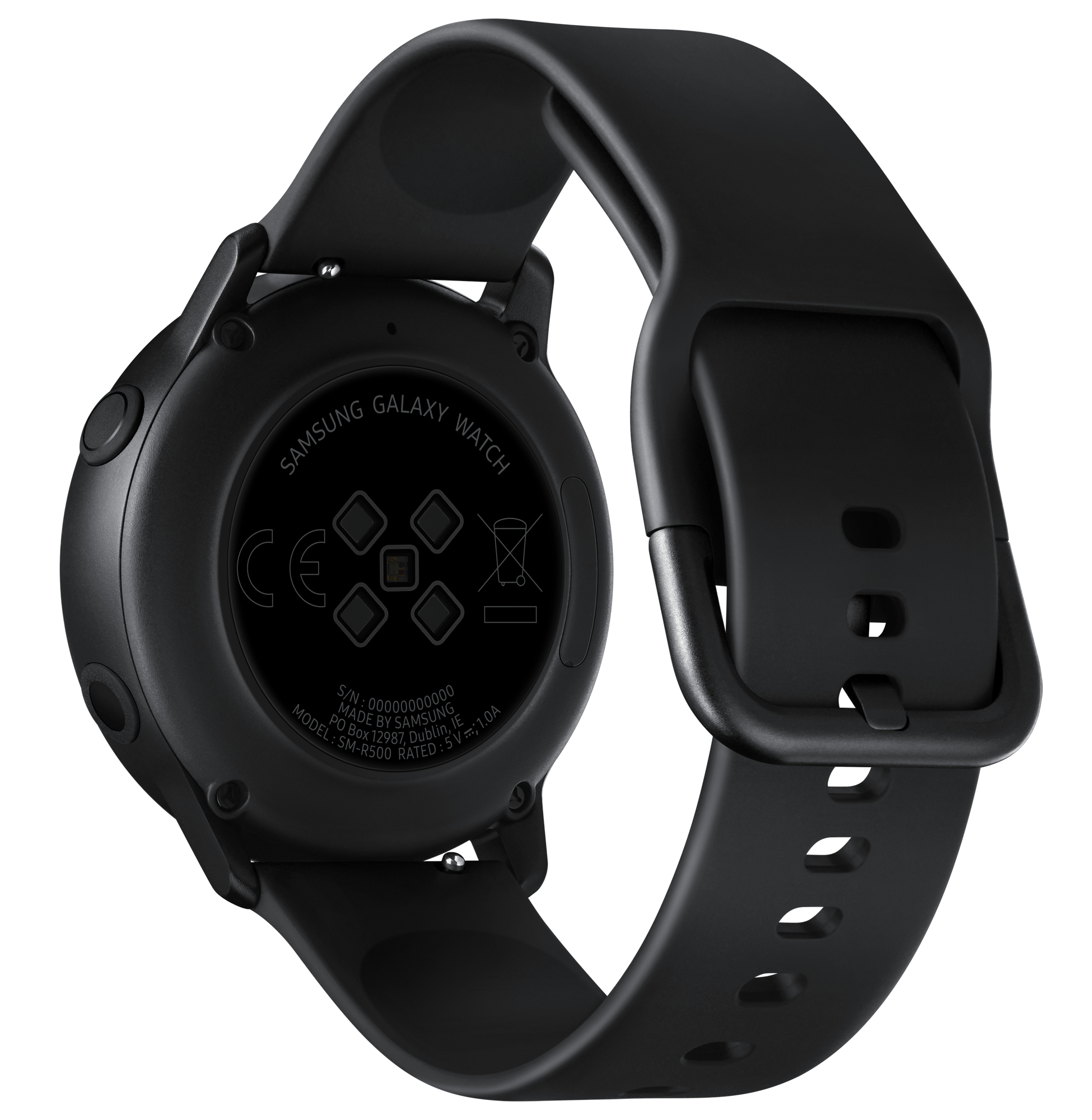 Schwarze Samsung Galaxy Watch. Rückansicht. Schwarzes Armband, kreisförmig, beschriftet.