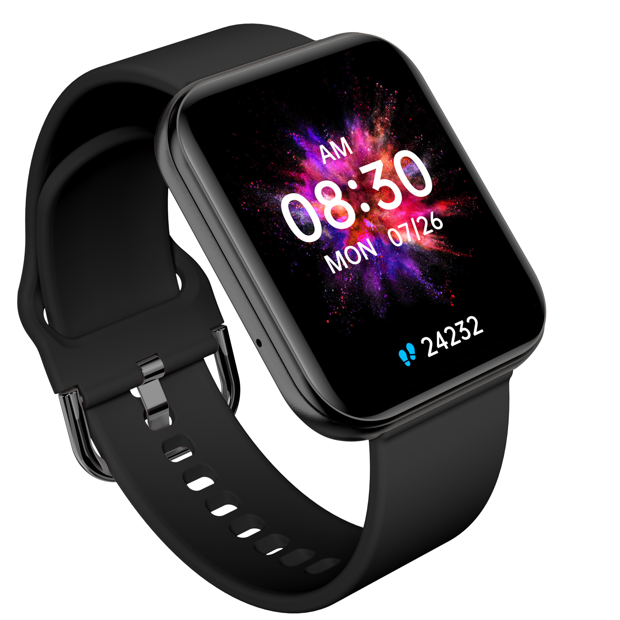 Eine schwarze Smartwatch zeigt die Uhrzeit und das Datum auf dem Bildschirm an. Der Hintergrund ist weiß.