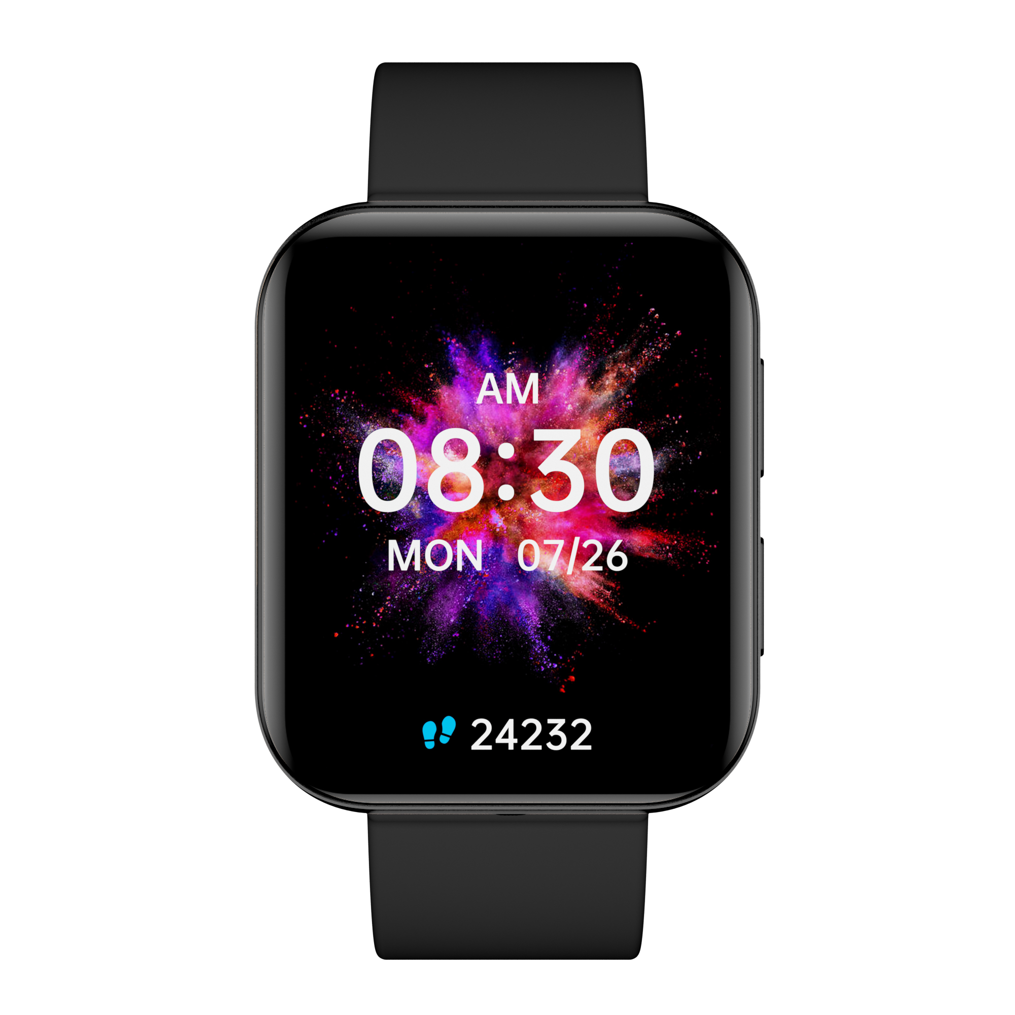 Schwarze Smartwatch mit farbigem Display, das Zeit und Datum anzeigt.
