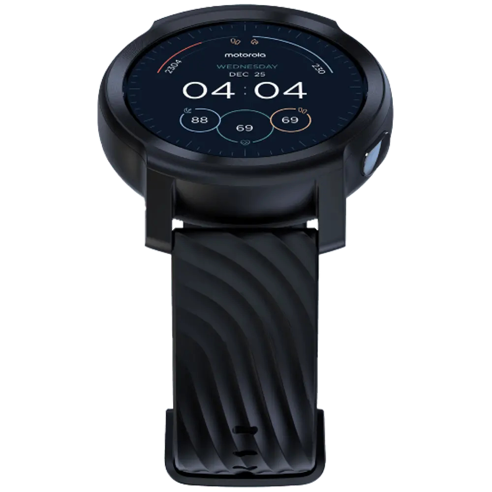 Reloj inteligente negro con correa curva. Pantalla digital muestra hora, fecha y métricas de salud.
