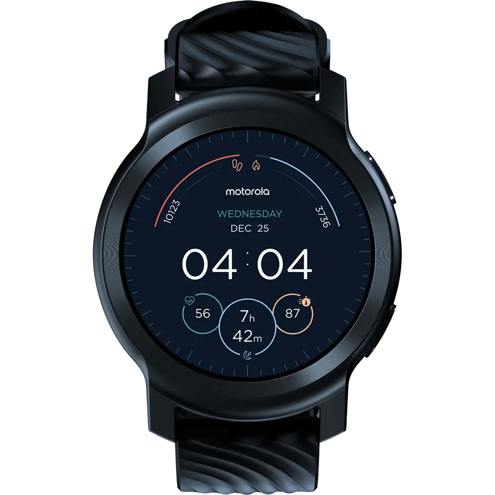 Smartwatch Motorola negra. La pantalla muestra fecha, hora, frecuencia cardíaca y pasos.