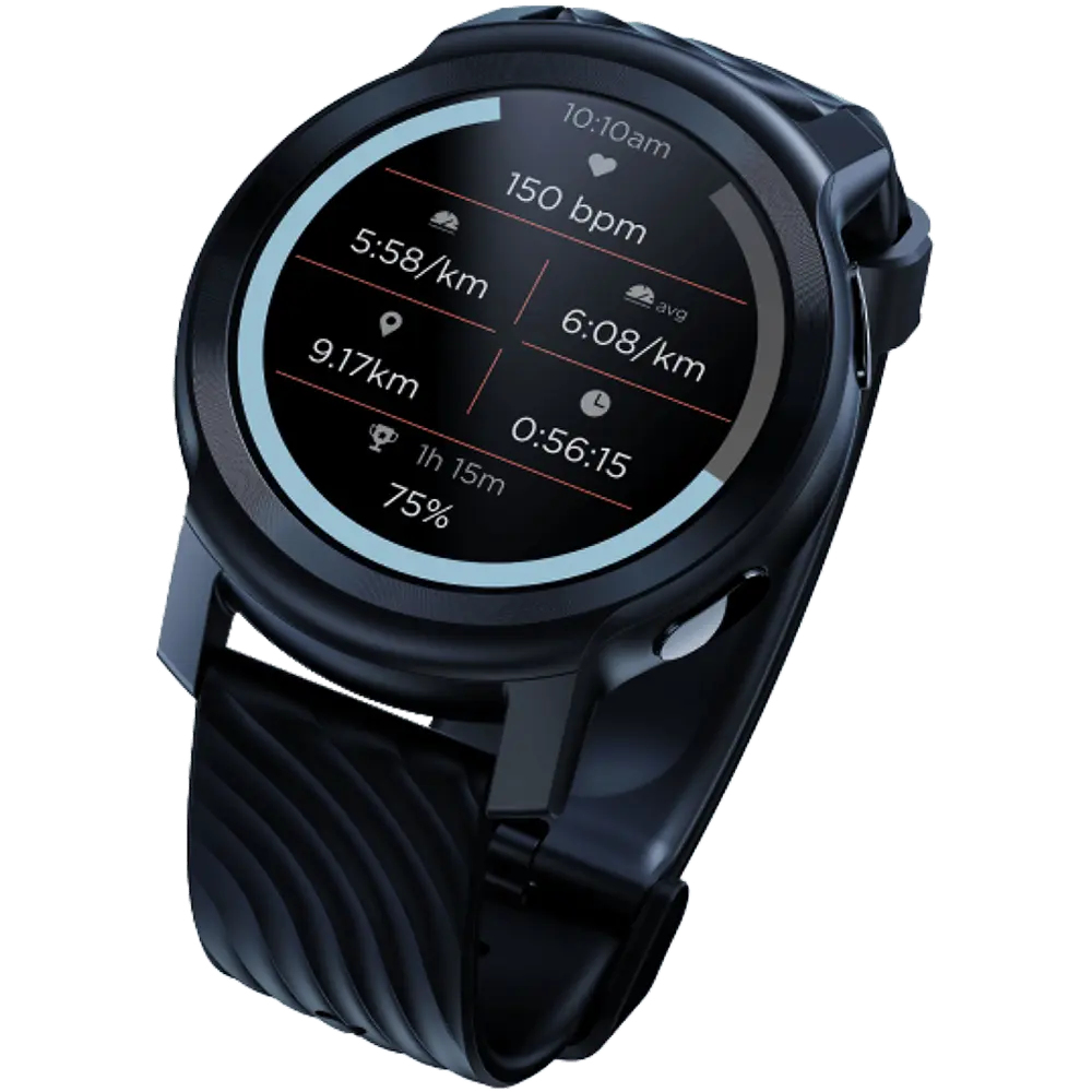 Reloj inteligente negro mostrando estadísticas: hora, ritmo cardíaco, ritmo, distancia y batería.