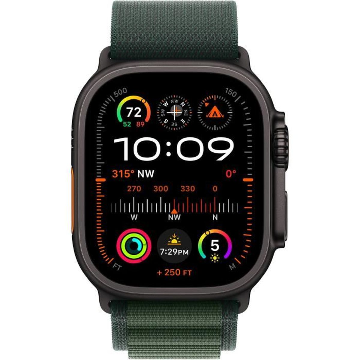 Montre connectée noire avec bracelet vert. L'écran affiche l'heure, la boussole et les données de santé.