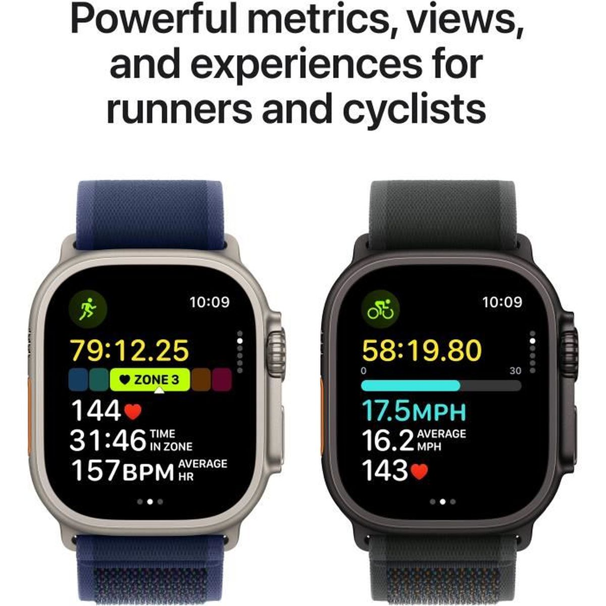 Deux Apple Watch affichant différentes mesures de fitness à l'écran, avec du texte au-dessus.