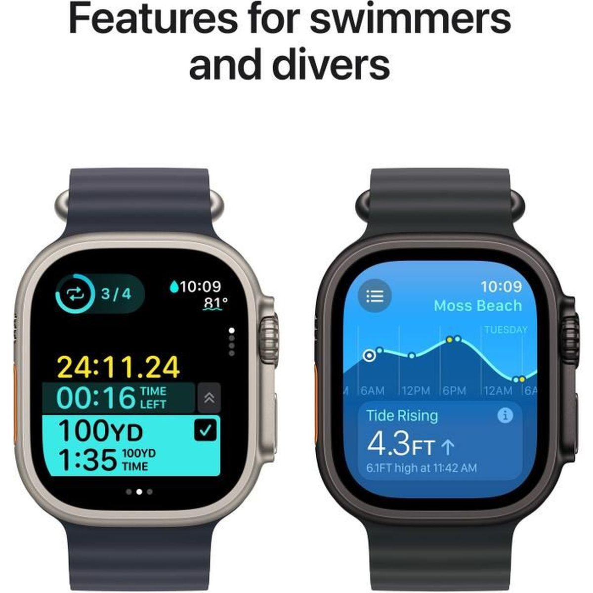 Deux montres intelligentes affichent des fonctionnalités. L'une montre l'heure et les données de nage. L'autre montre la marée et l'heure.