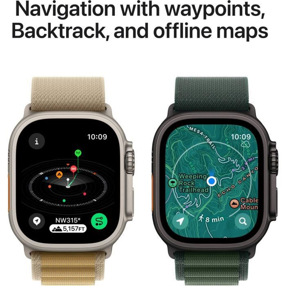 Deux montres intelligentes avec fonctions de navigation, affichant boussole, points de repère et cartes hors ligne pour une utilisation en extérieur.