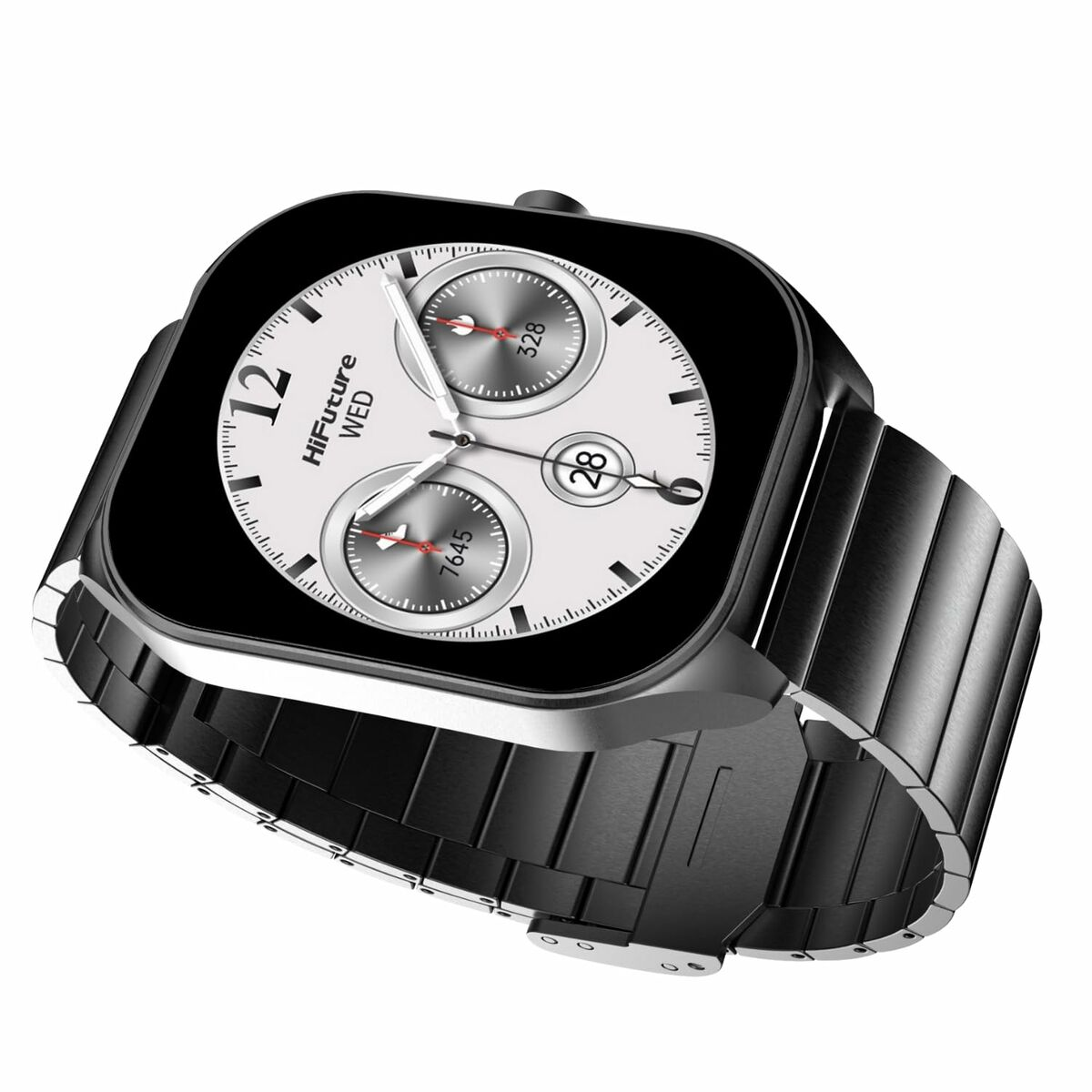 Czarny smartwatch z metalową bransoletą, widok pod kątem. Tarcza wyświetla czas i wskaźniki.