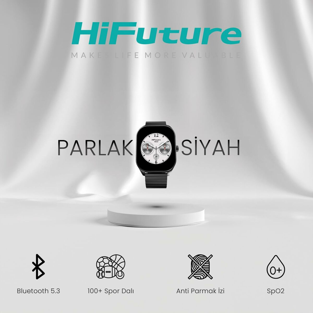 Czarny smartwatch na cokole. Tekst HiFuture, Spark Black, z ikonami.