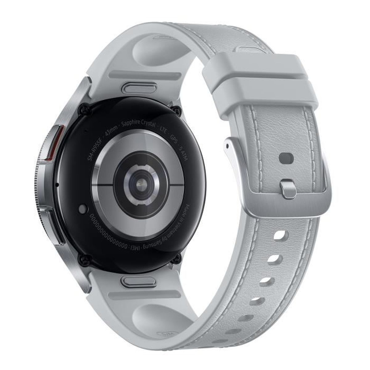 Parte trasera de un reloj inteligente blanco con marco y correa plateados, centro negro.