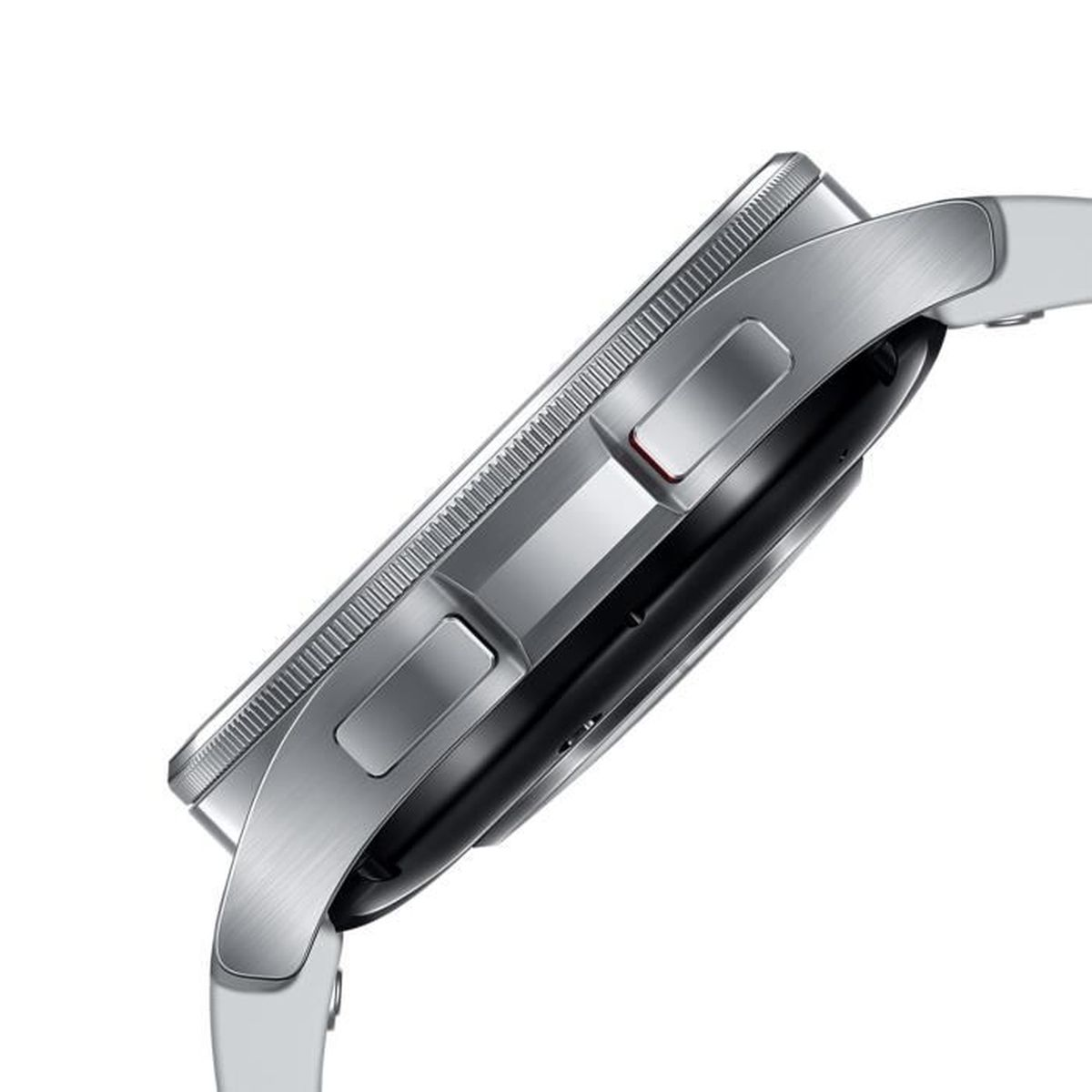 Un smartwatch plateado con una correa blanca, visto de lado. El lateral muestra botones y el bisel.