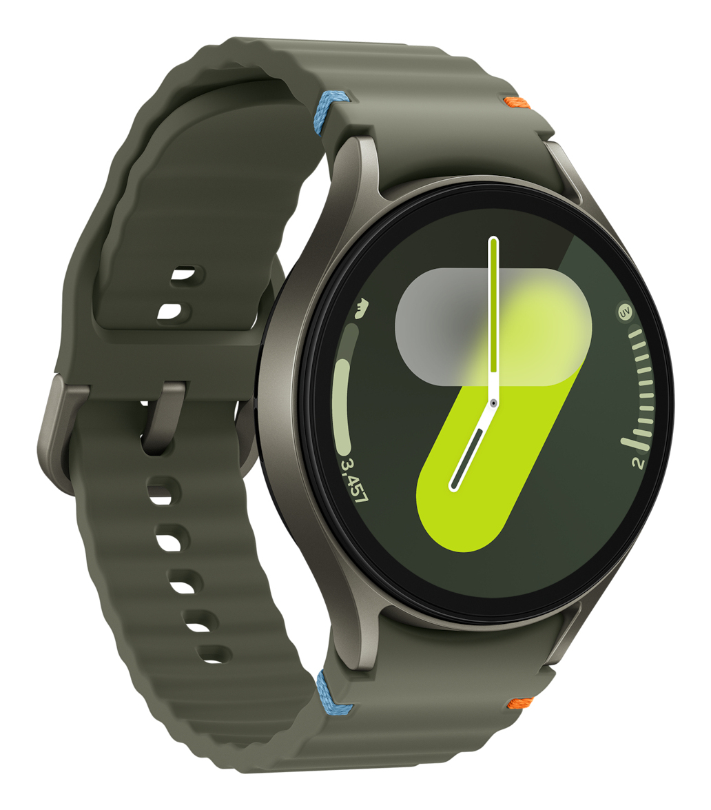 Ciemnozielony smartwatch z zielonym interfejsem i paskiem. Ekran ma nowoczesny design.