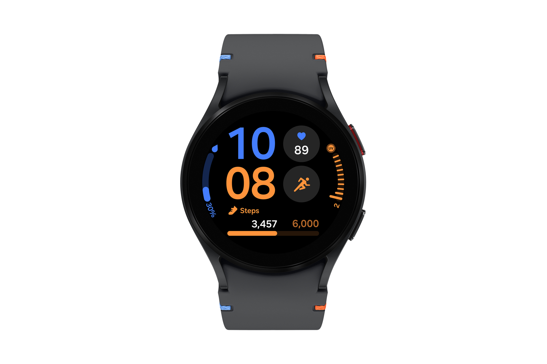 Czarny Samsung Galaxy Watch z ciemnoszarym paskiem, wyświetlający czas i dane fitness.