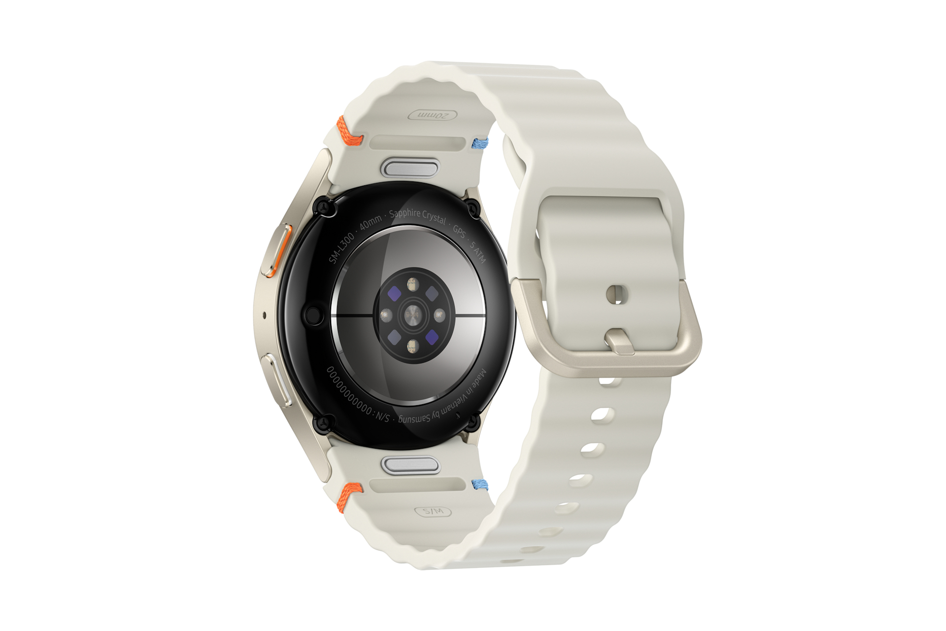 Rückseite einer weißen Smartwatch. Zeigt Sensor, Etiketten und Armband.