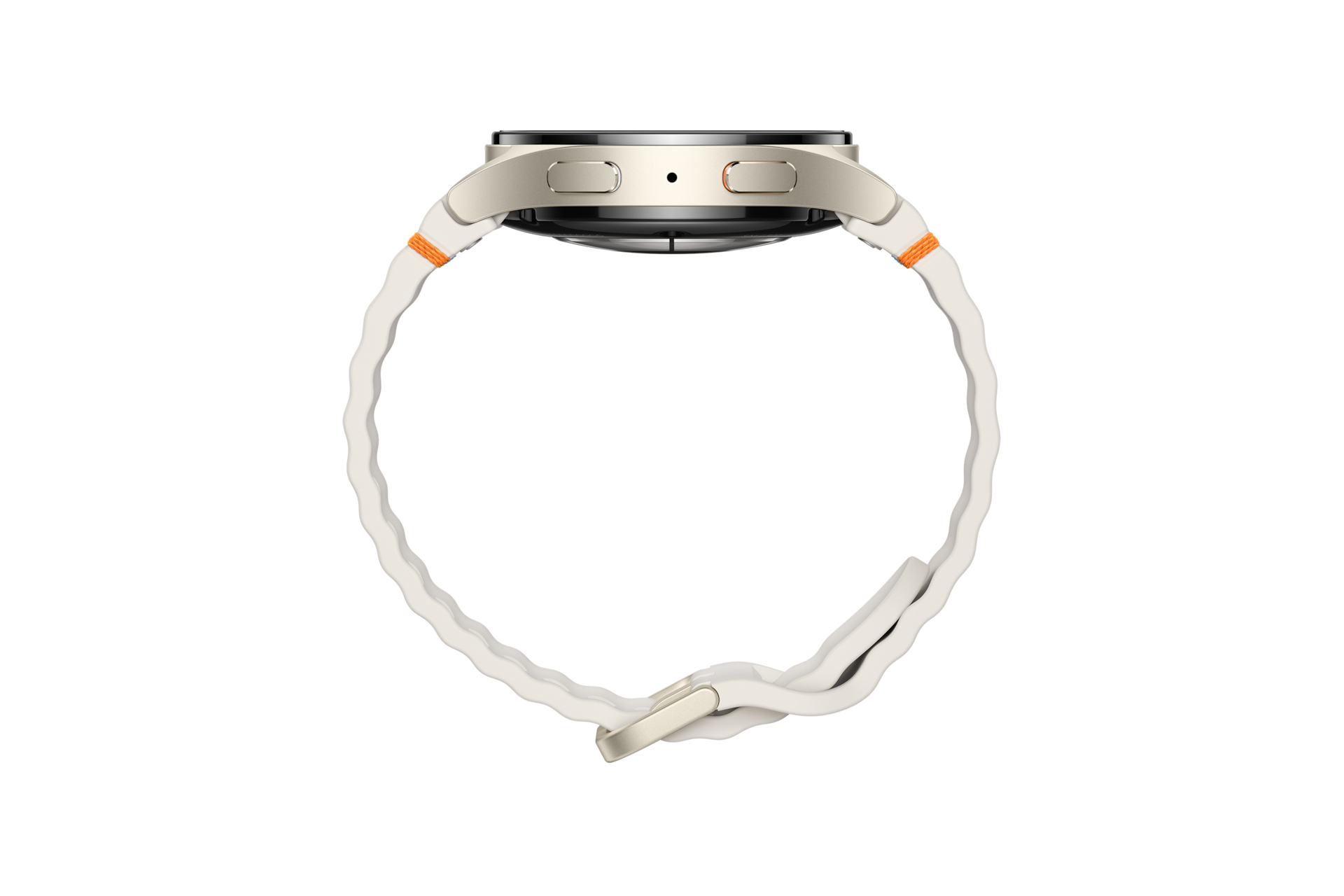 Een zijaanzicht van een witte smartwatch met een witte band en oranje details.
