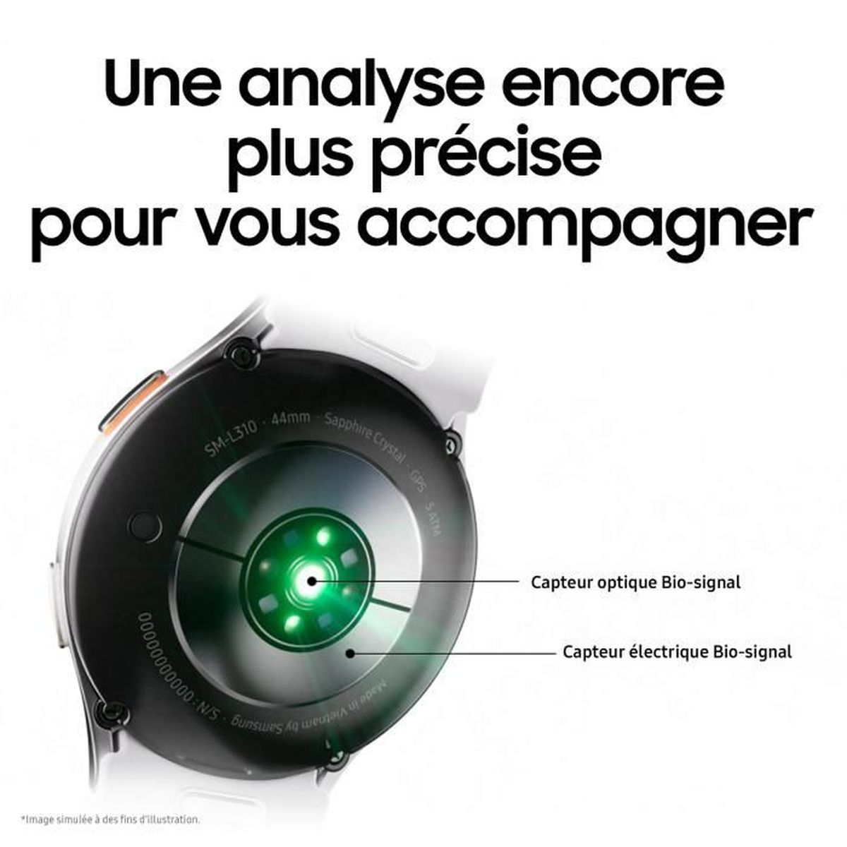 Primo piano del retro dello smartwatch, che mostra sensori ed etichette. Testo: 'analisi più precisa per accompagnarti'.