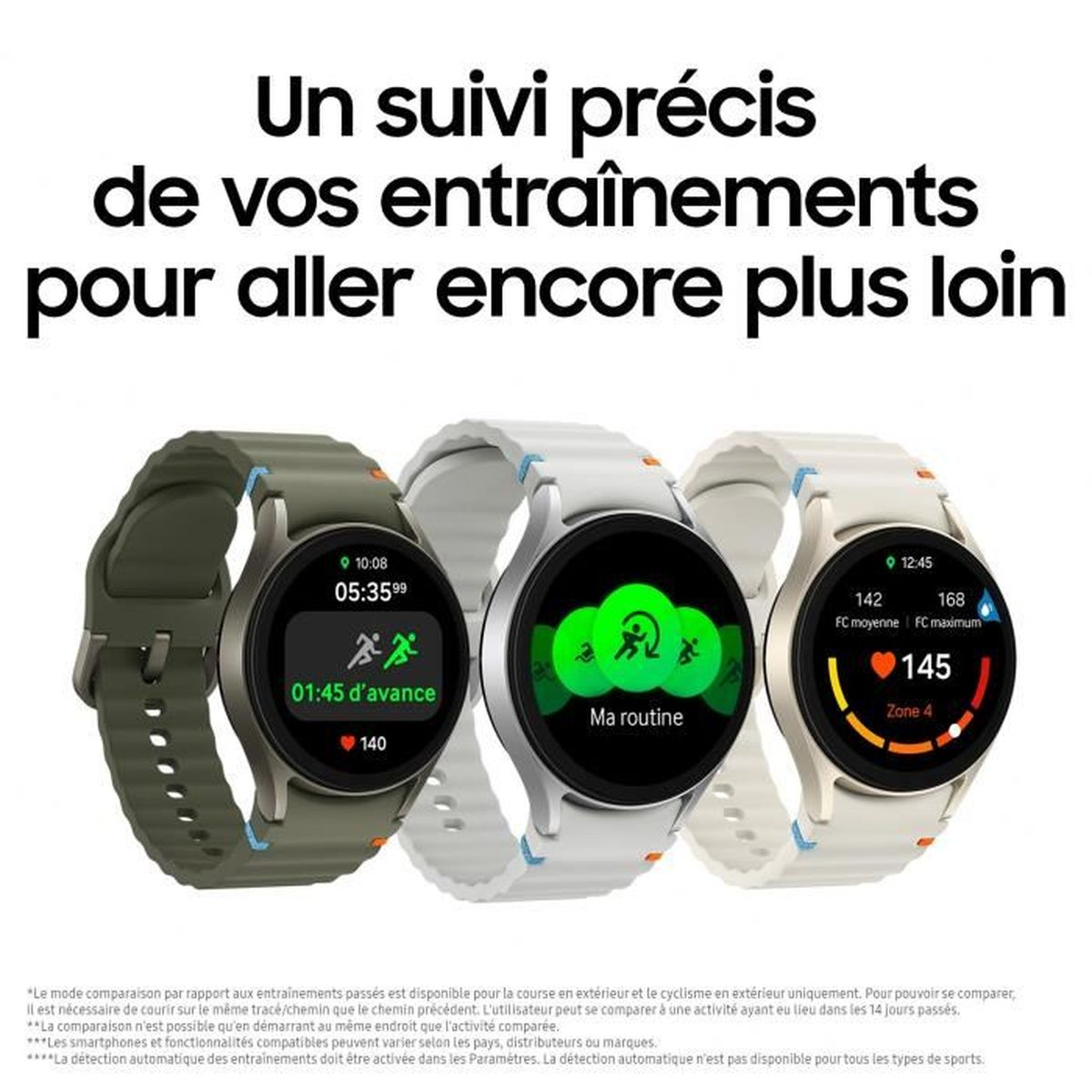 Tre smartwatch con display diversi che mostrano dati di fitness, testo e un indicatore di frequenza cardiaca.