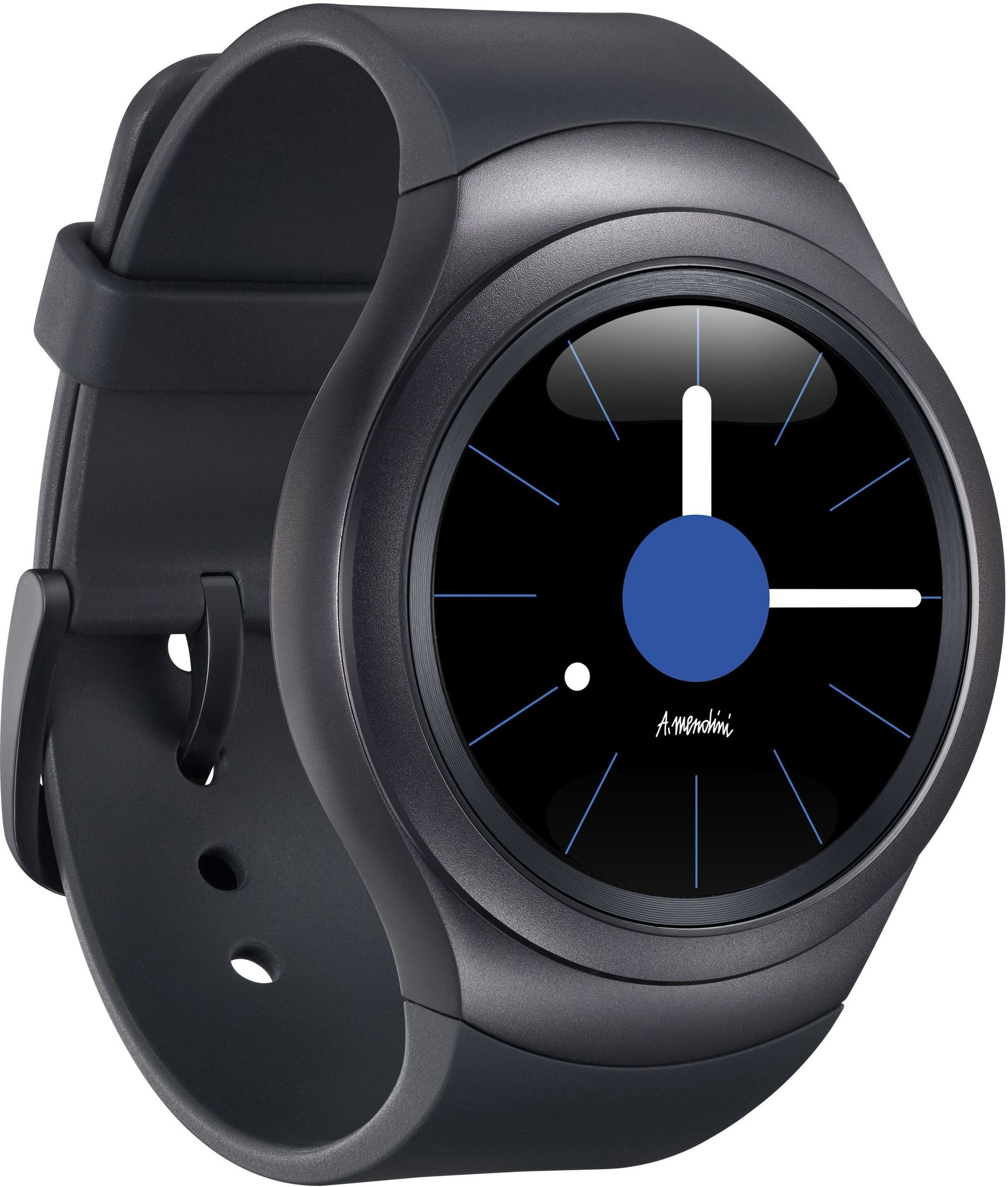 Schwarze Smartwatch. Schwarzes Zifferblatt mit blauen und weißen Akzenten. Zeit wird angezeigt.