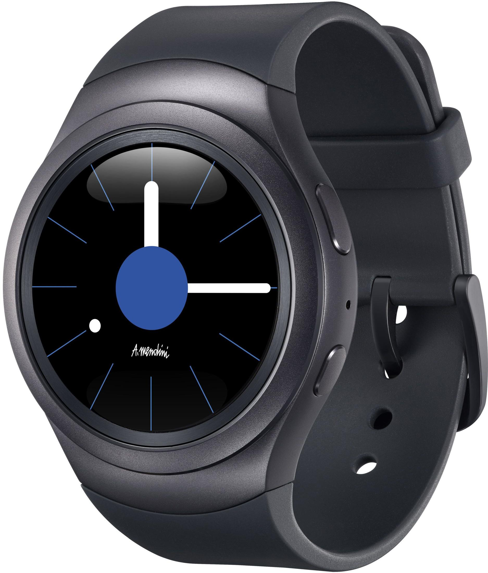 Schwarze Smartwatch mit blauem Zifferblatt, zeigt Zeit und kleinen weißen Punkt.