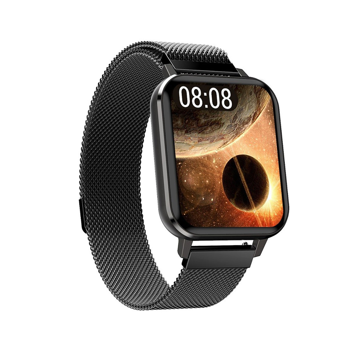 Uno smartwatch nero con cinturino a rete nero. Il quadrante ha un design galattico e l'ora è 08:08.