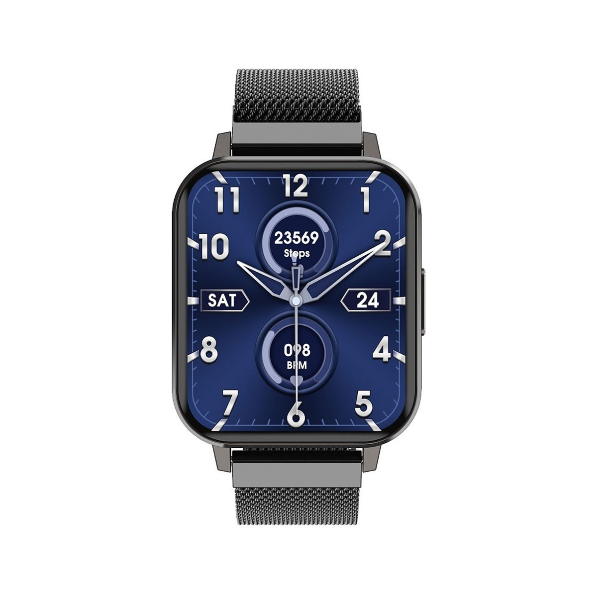 Uno smartwatch con schermo quadrato mostra l'ora, i passi e la frequenza cardiaca su sfondo blu scuro.