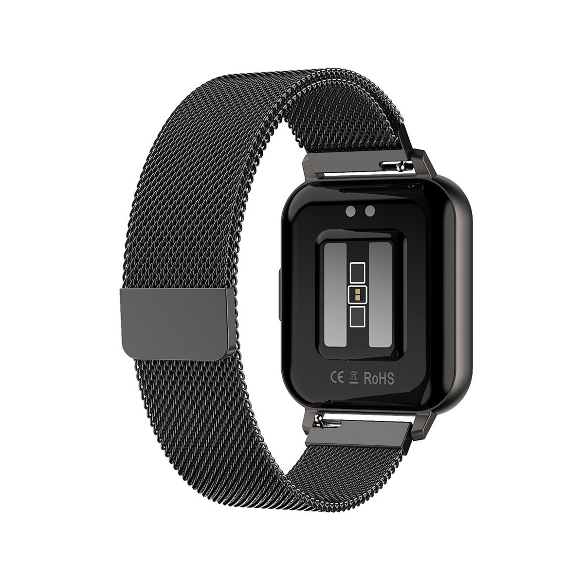 Smartwatch nero con cinturino a rete, vista posteriore. Include sensori e chiusura in metallo.