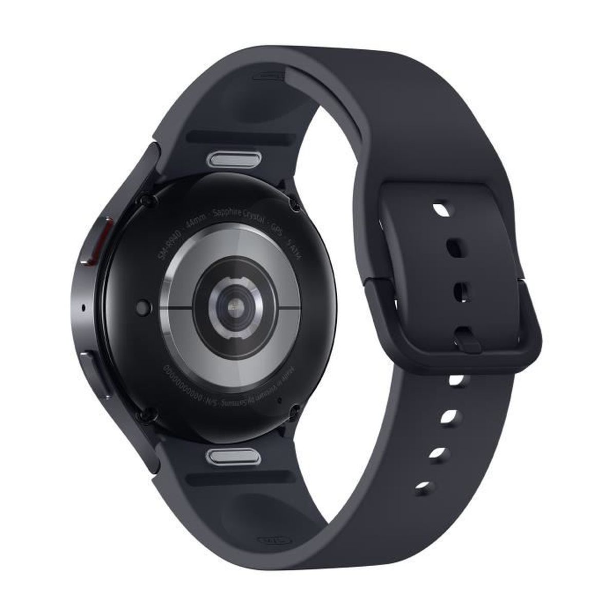 Smartwatch nero con cinturino grigio scuro, vista posteriore. Mostra sensori e dettagli del marchio.