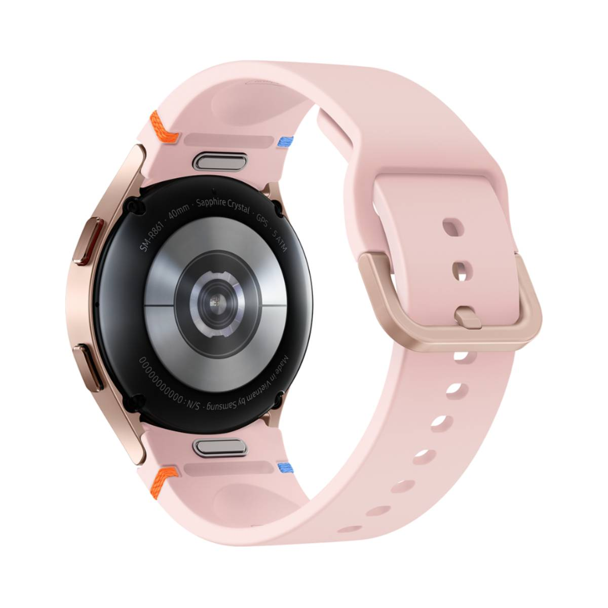 Retro dello smartwatch rosa che mostra i dettagli. L'orologio ha un centro nero con sensori e cinturino rosa.