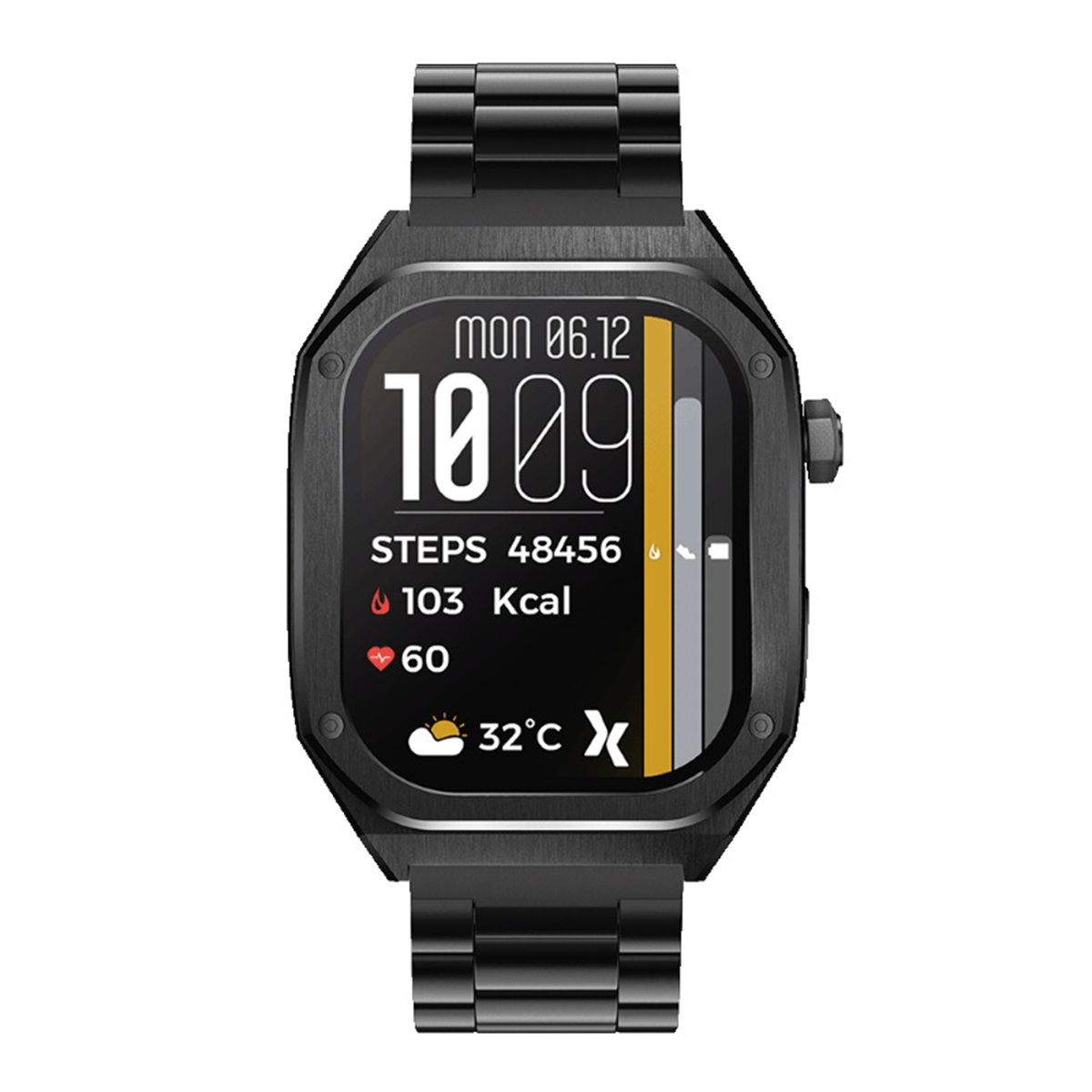 Une montre connectée noire avec un bracelet en métal. L'écran affiche l'heure, les pas, les calories et la fréquence cardiaque.
