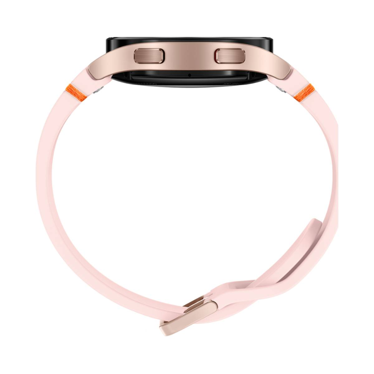 Smartwatch oro rosa con cinturino rosa e dettaglio arancione. Il cinturino è collegato all'orologio.