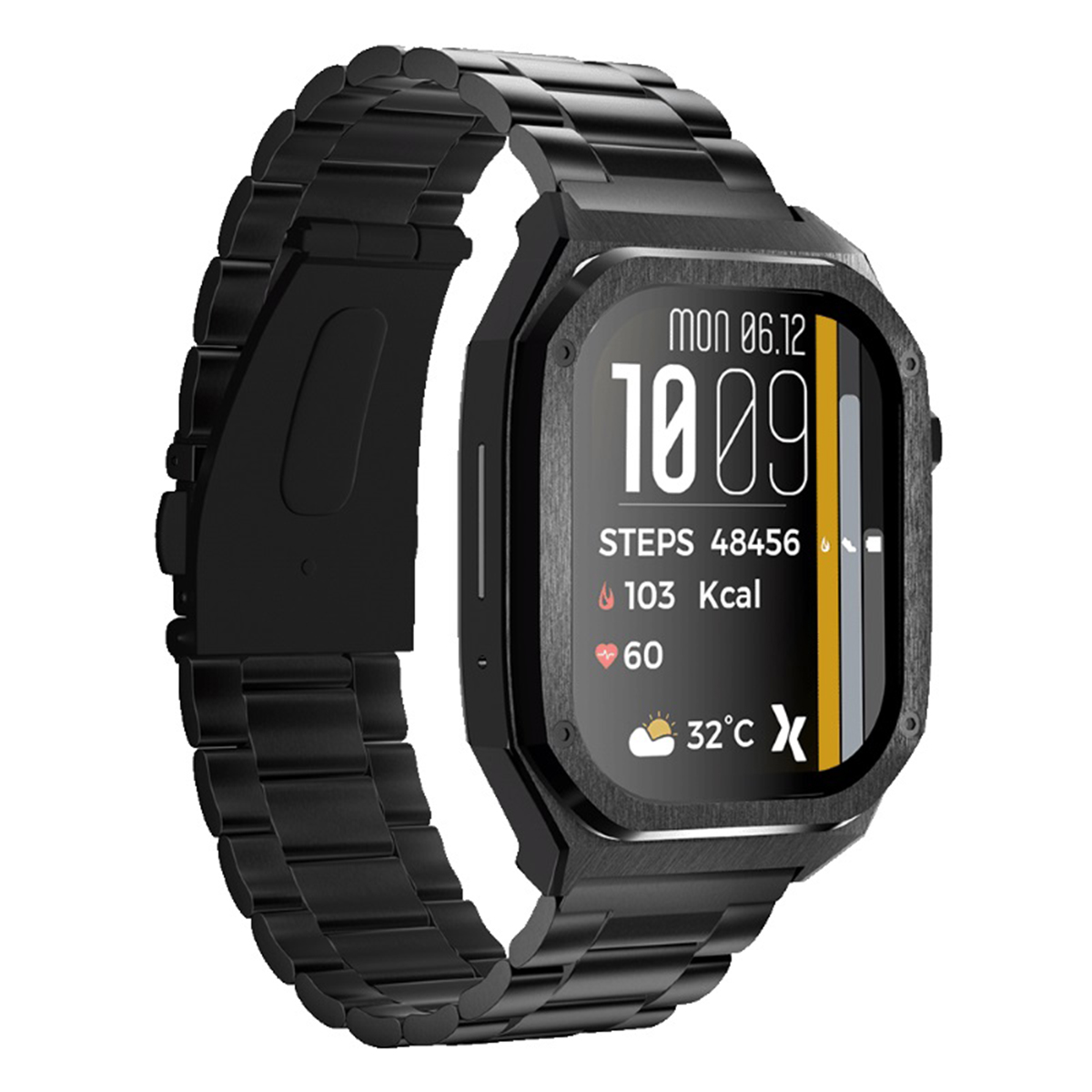 Smartwatch noire avec bracelet en métal noir. Affiche l'heure, les pas et les informations météorologiques.