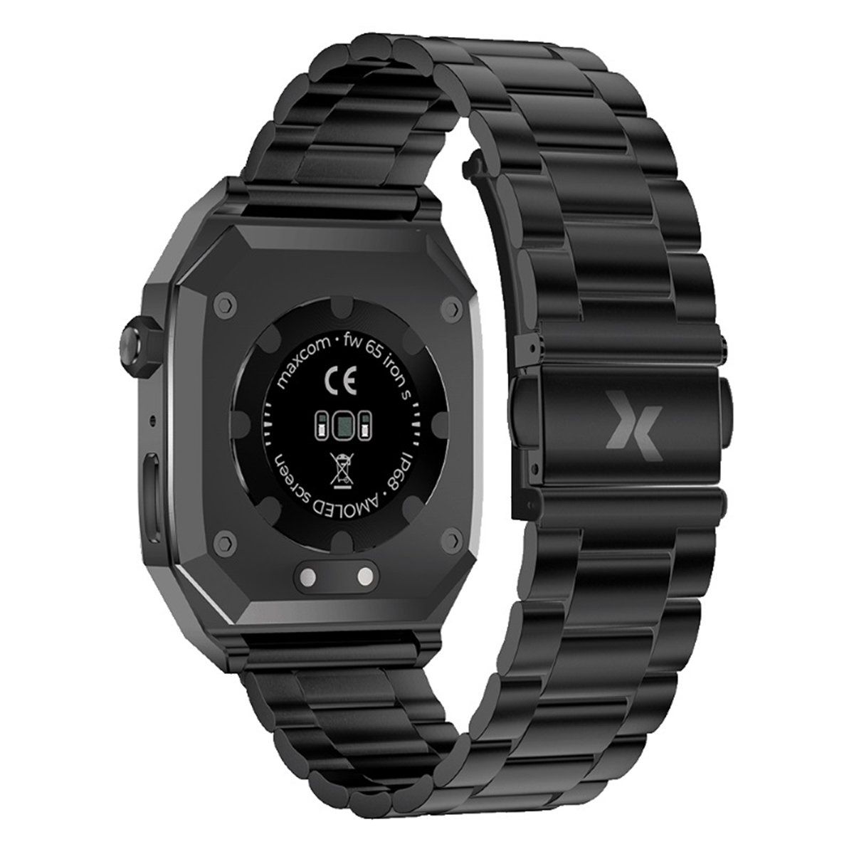 Montre connectée noire avec bracelet métallique. Le dos affiche les infos de la montre, dont 'AMOLDED SCREEN'.