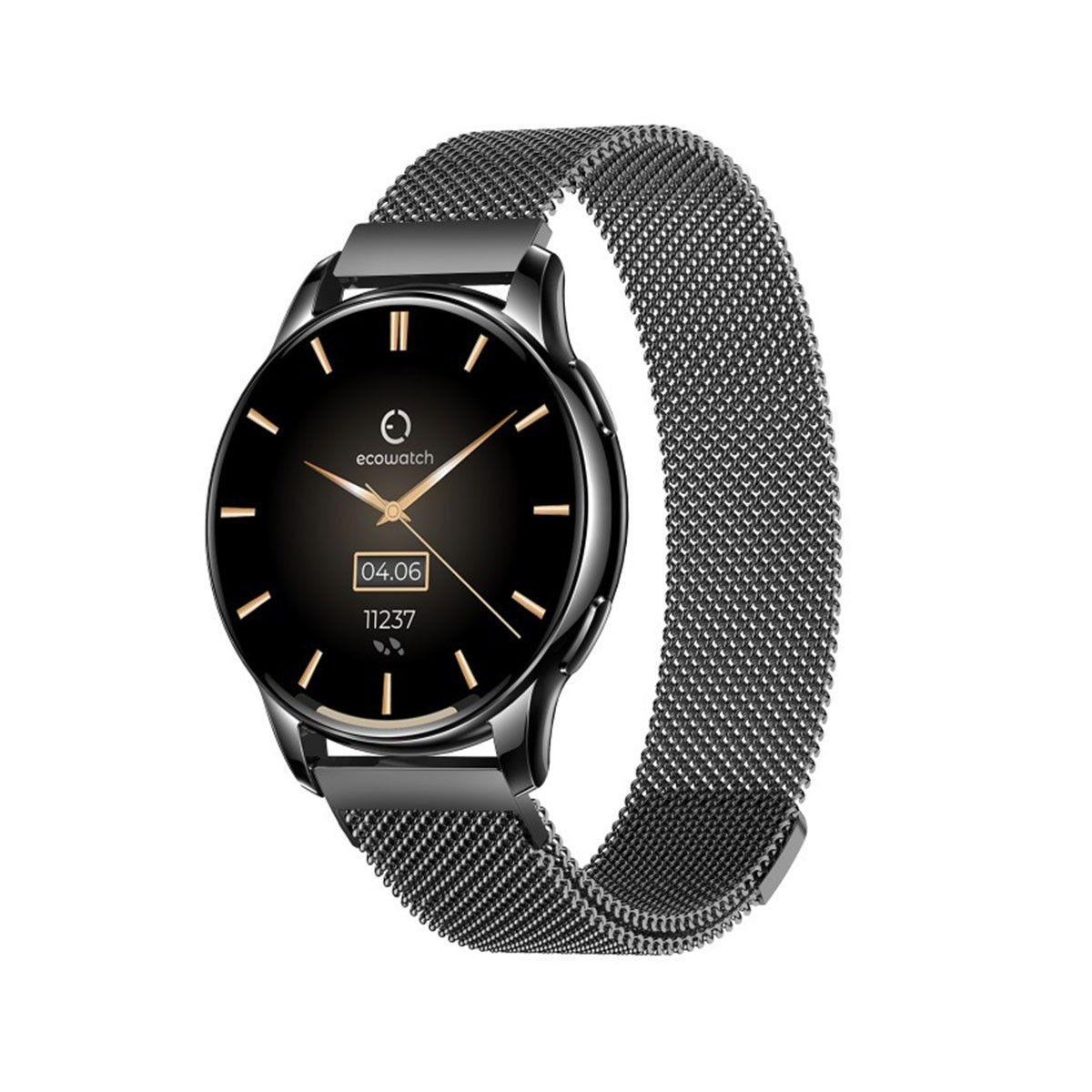 Uno smartwatch nero con cinturino a rete mostra data e ora su schermo nero.
