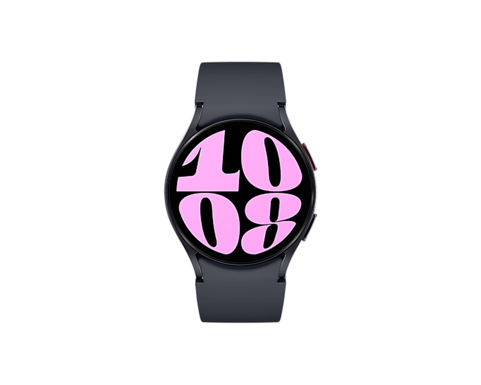 Uno smartwatch nero mostra le 10:08 su uno schermo rosa, con un cinturino nero.