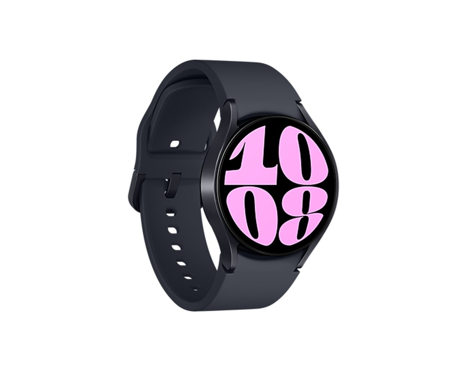 Uno smartwatch nero con cinturino nero. Il quadrante mostra l'ora, 10:08, in numeri rosa.
