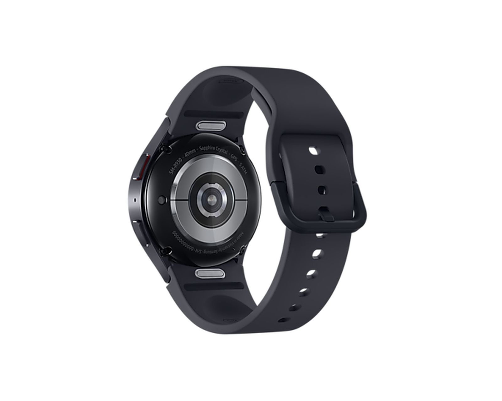 Smartwatch nero con cinturino nero, vista posteriore.