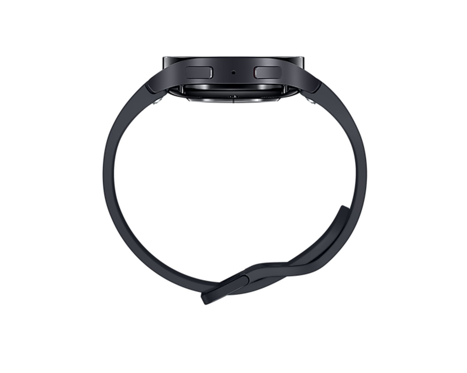 Smartwatch nero, vista laterale. Mostra il cinturino curvo e il quadrante.