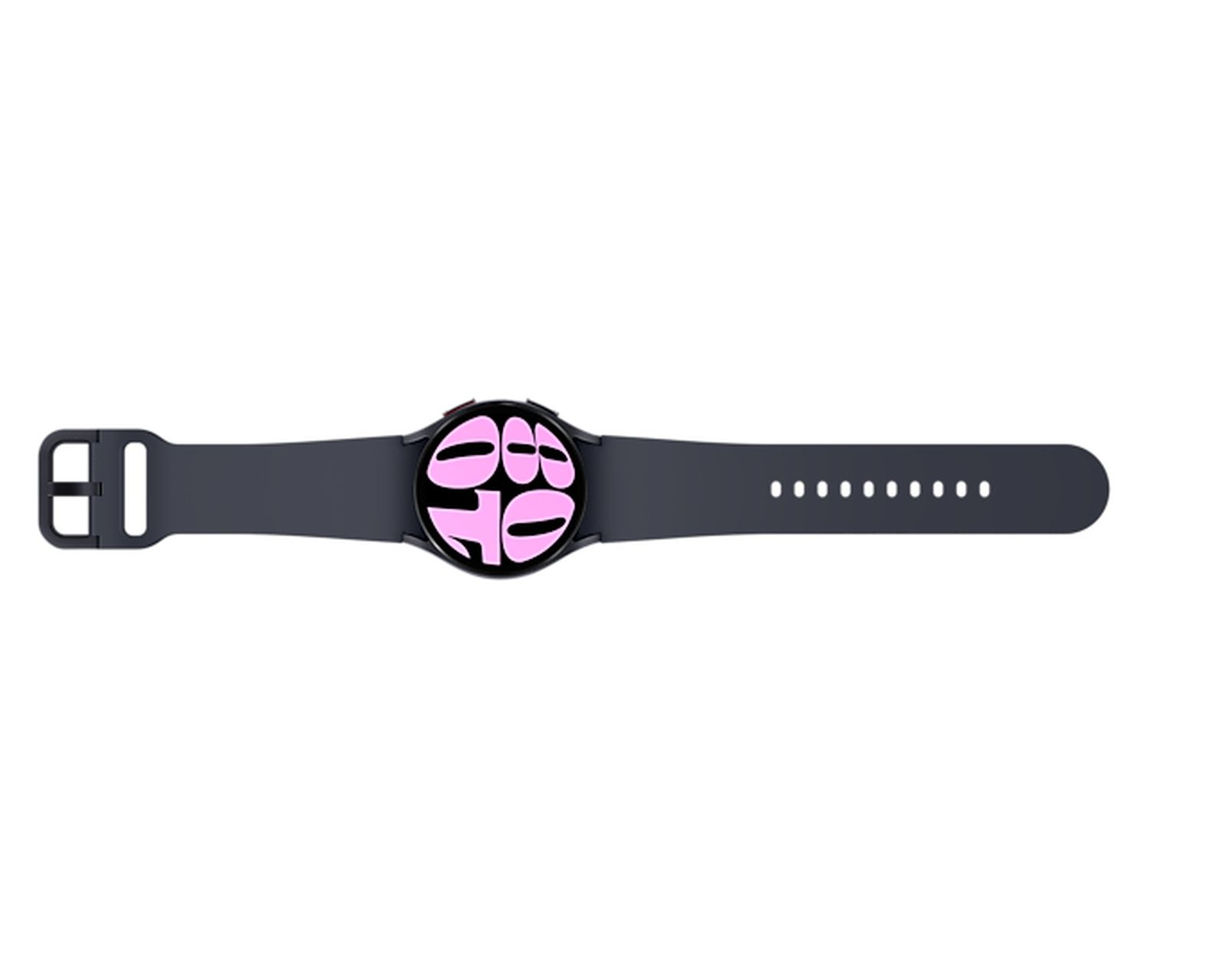 Uno smartwatch nero con cinturino nero, piatto. Lo schermo mostra un'interfaccia rosa.
