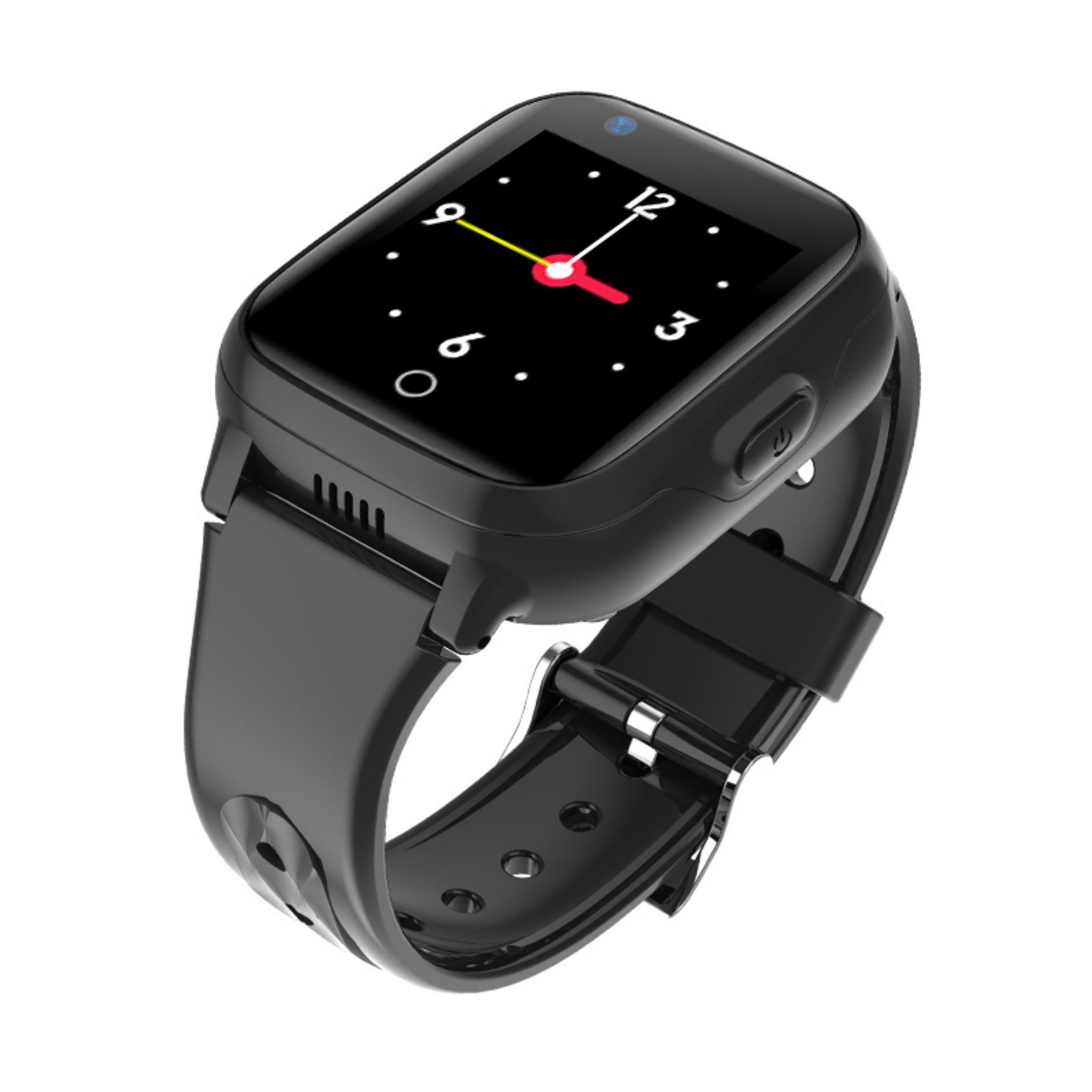 Czarny smartwatch z czarnym paskiem. Zegarek wyświetla czerwony zegar cyfrowy.