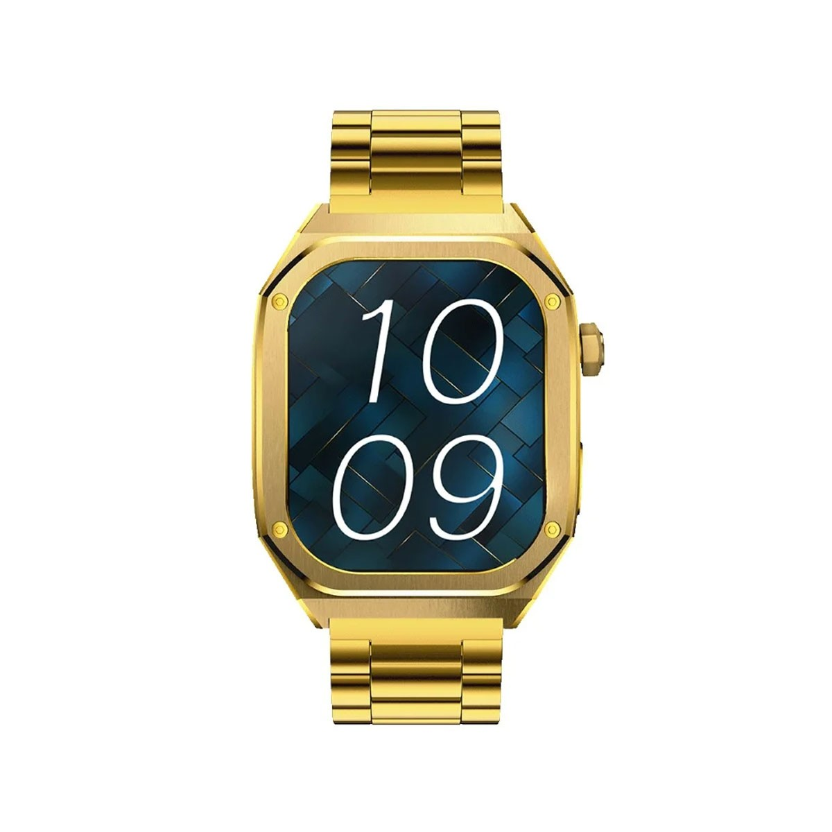 Uno smartwatch dorato con cinturino dorato mostra l'ora su uno schermo blu scuro.