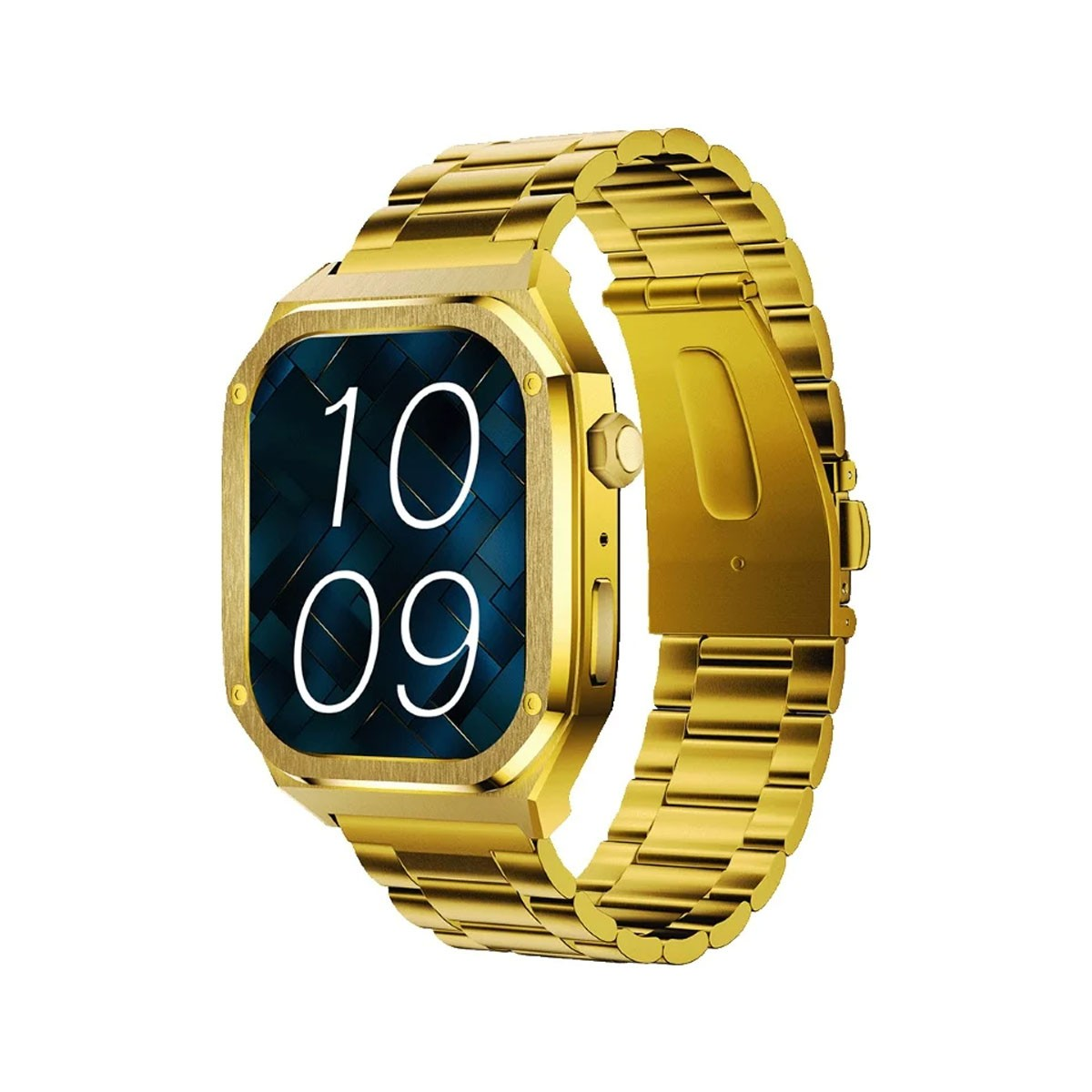 Smartwatch dorato con cinturino dorato, vista angolata. Lo schermo mostra ora e numeri.