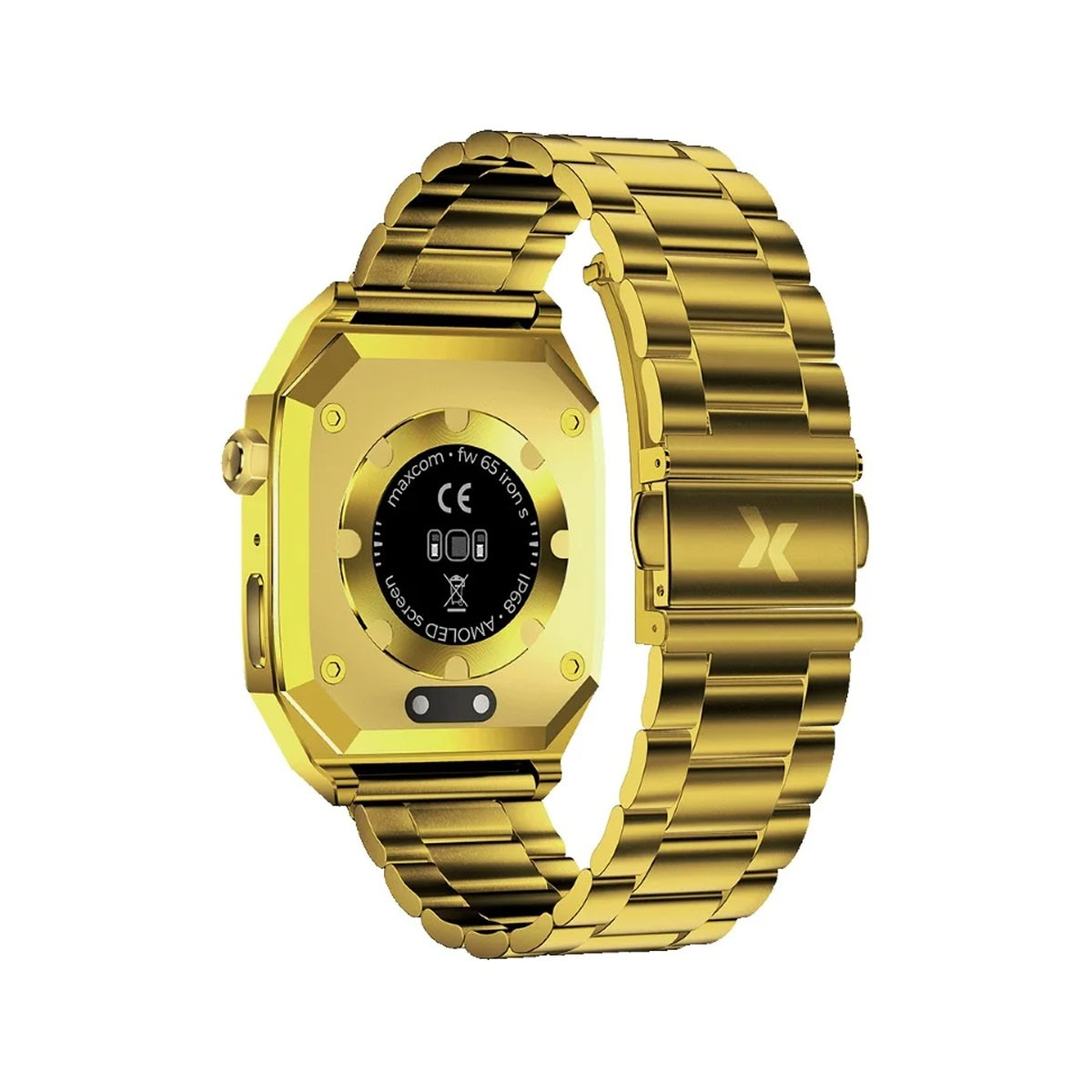 Smartwatch dorato con cinturino in metallo dorato, vista posteriore.