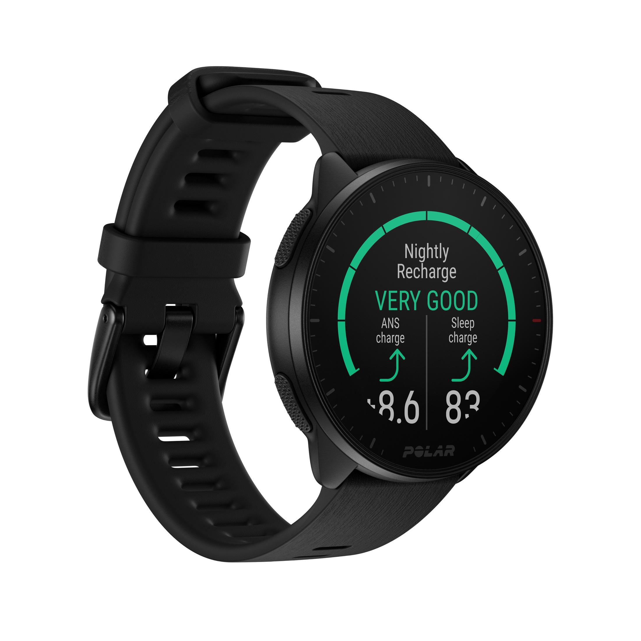 Czarny smartwatch z danymi zdrowotnymi. Ekran pokazuje 'Bardzo dobry' sen i dane ładowania ANS.