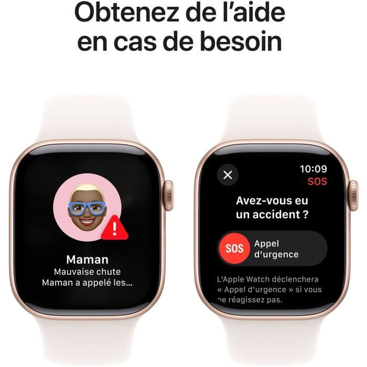 Zwei Apple Watches auf weißem Hintergrund, die SOS-Nachrichten anzeigen, mit französischem Text.