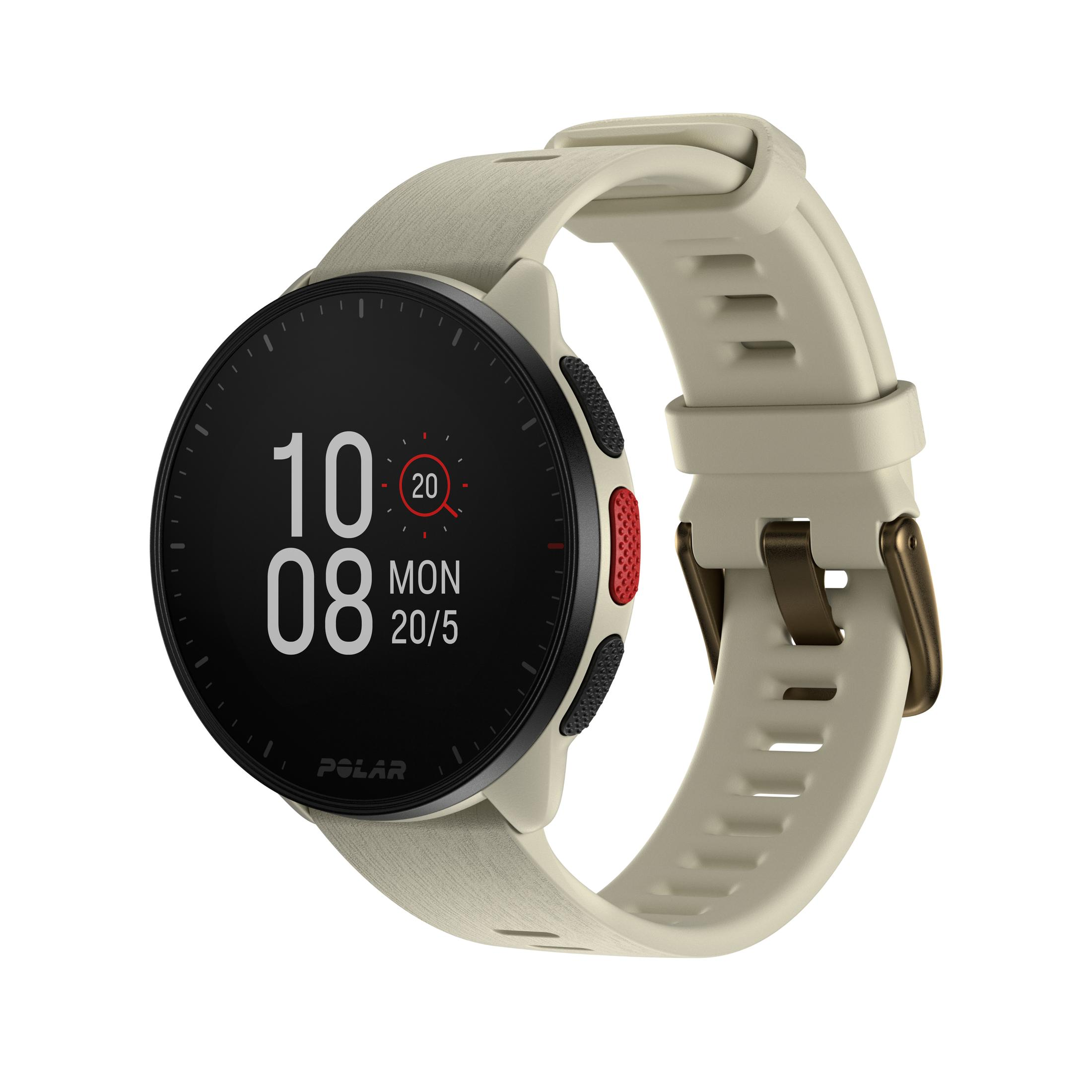 Beżowy smartwatch z beżowym paskiem, pokazujący godzinę i datę.