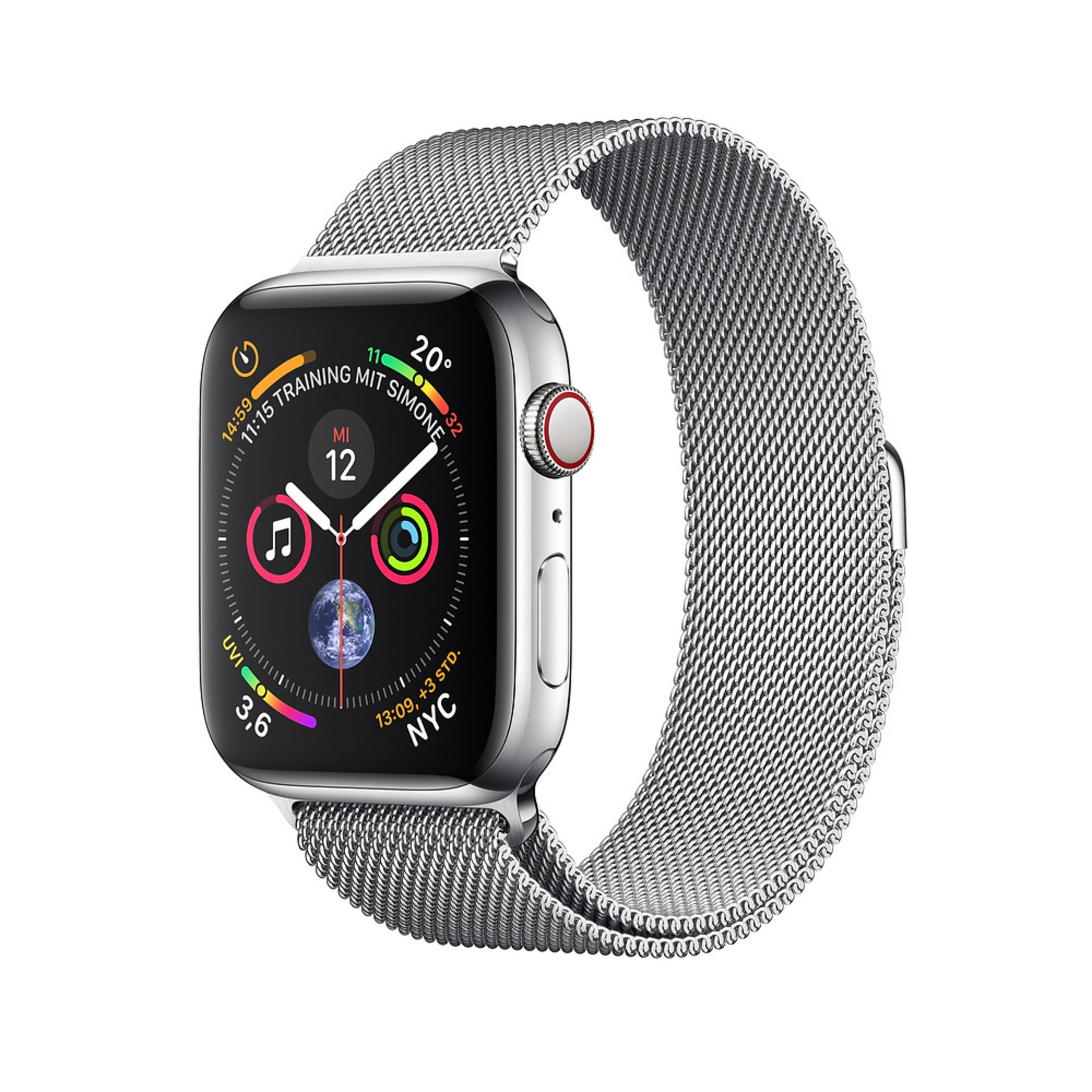 Silberne Apple Watch mit Metallarmband, zeigt die Zeit und NYC, weißer Hintergrund.